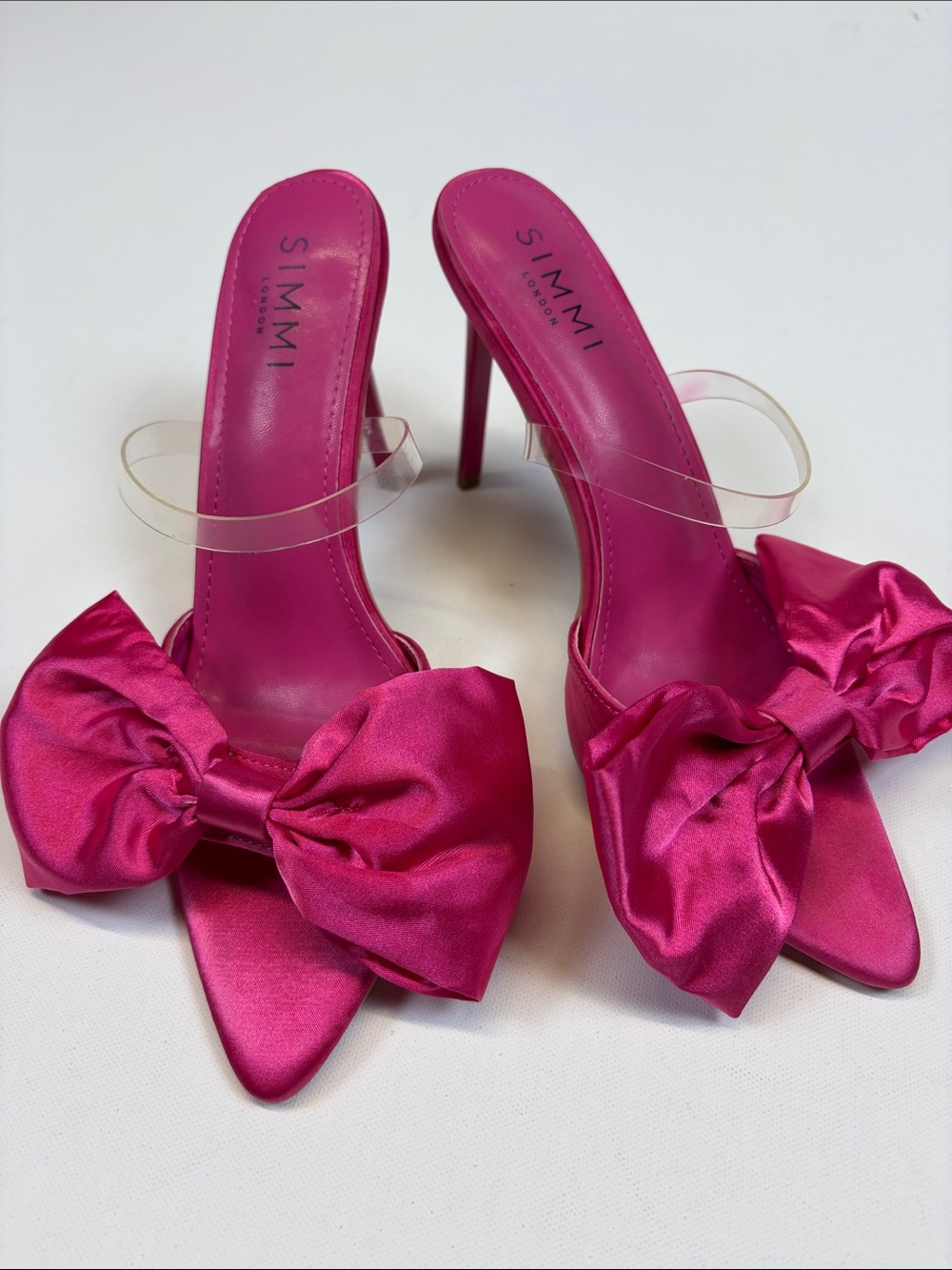 SIMMI LONDON PINK SATIN BOW CLEAR STRAP STILETTO MULE HEELS SIZE 7